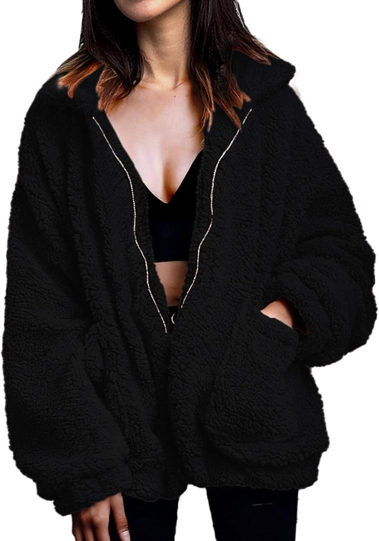Women's Fuzzy Fleece Faux Shearling Coat, Winter Warm Oversized Jacket with Lapel Collar, Casual Zipper Outwear for Daily Use (Black) 3XL