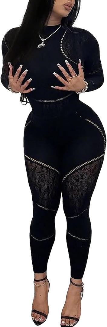 Ophestin Sexy 2 Piece Club Outfits for Women Hollow Out Bodycon Bodysuit with Leggings Sexy Jumpsuits for Going Out (Black, L)