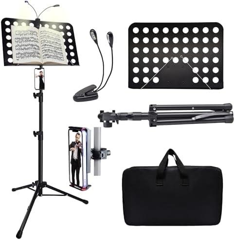 Sheet Music Stand with Light & Phone Holder, 57" Music Stand for Sheet Music High Stability, Height Adjustable Music Sheet Stand, Portable Music Book Holder (33-57inch)