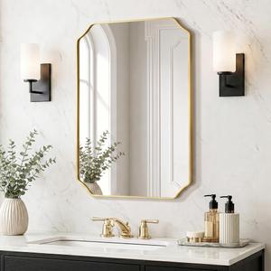 Delma Bathroom Vanity Mirror, Gold Framed Aluminum Bathroom Mirror for Over Sink, Scalloped Round Corner Wall Mirror, High-Definition Vanity Mirror, Hangs Horizontally or Vertically (36x24,Gold)