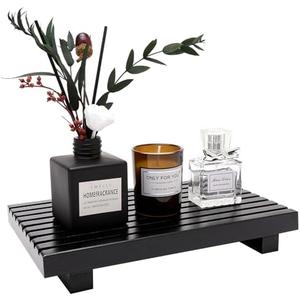 Wood Pedestal Table Stand for Bathroom Tray Kitchen Counter Decor Decorative Wooden Display Risers for Kitchen Sink Accessories Soap Tray Vanity Black Bathroom Counter Organizer Decor Dish Soap Holder