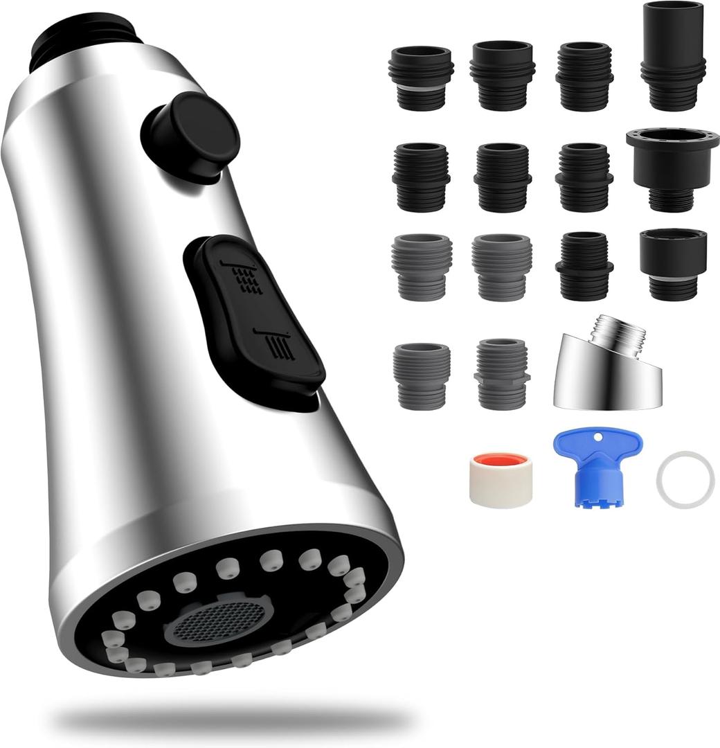 Hibbent Pull Down Kitchen Faucet Head Replacement, 3-Function Kitchen Sink Spray Nozzle with 15 Adapters, Compatible with Moen, American Standard, Delta, Kohler Faucets, Chrome (Shiny Silver)