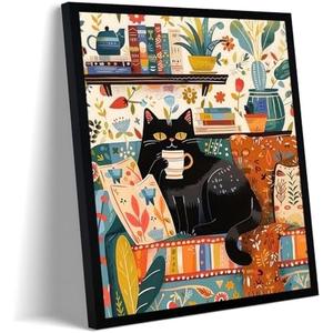 Framed Vintage Cat Canvas Wall Art, Funny Pink Animal Reading Books Painting Picture Print, Cute Kitten Lovers Aesthetic Wall Decor for Nursery Girls Room Bedroom Kids Room 10''L x 8''W