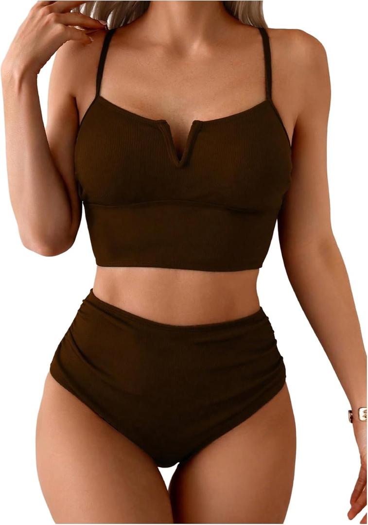 SweatyRocks Women's High Waisted Bikini Sets V Neck Twist Back Top Swimsuit Tummy Control Bathing Suit (Brown)