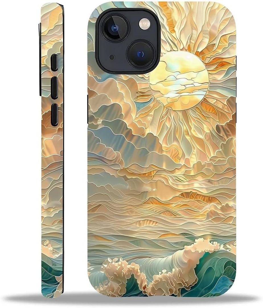 Case for iPhone 13 iPhone 14,Ocean Waves Sun Rays Stained Glass for 2 in 1 Hard Shell + Soft Silicone,Shockproof Bumper Drop Protective Case