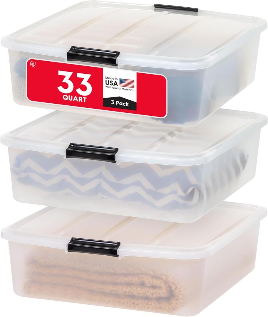 IRIS USA 33 Qt Plastic Under Bed Storage Organizer Bin Container with Secure Lids and Durable Black Buckles, 3-Pack, Multi-Purpose for Clothes Shoes Clothing Bedding, Short, Clear