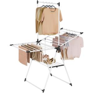 SONGMICS Clothes Drying Rack, Foldable 2-Level Laundry Drying Rack, Free-Standing Airer, 1 Additional Tall Hanging Bar, 2 Height-Adjustable Wings, 24 Drying Rails, Space Savng, Simply White ULLR521W01