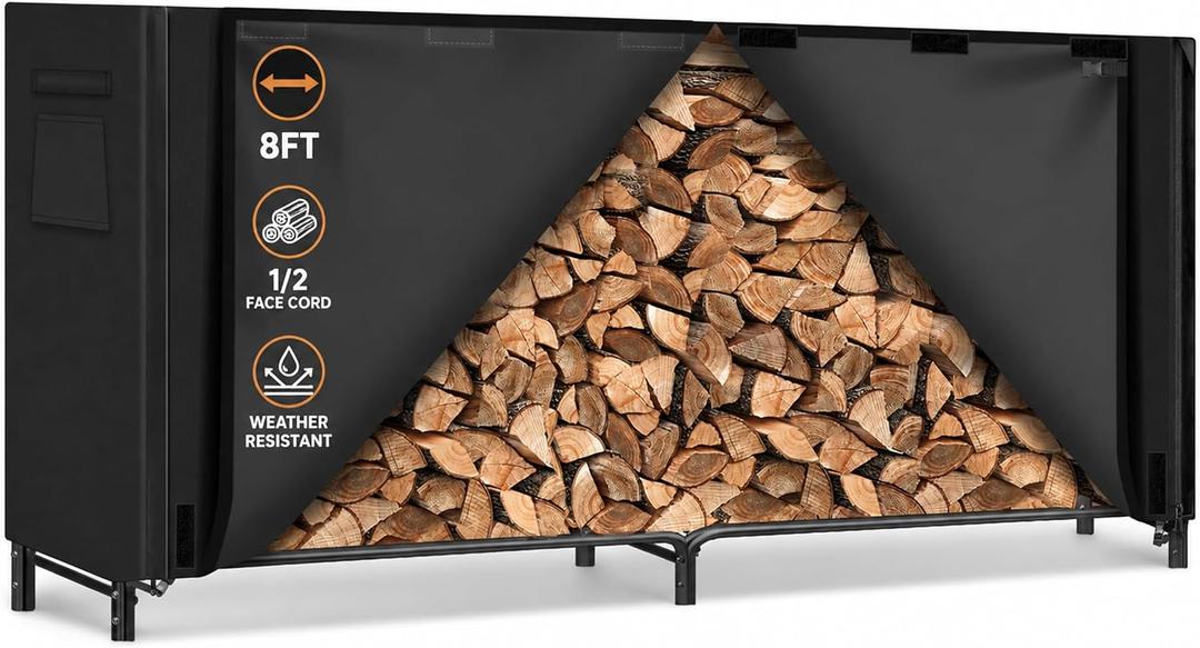 Gtongoko 8FT Firewood Rack Outdoor with Cover, Large Wood Storage Rack
1/2 Face Cord Capacity, Outdoor Log Holder, Fireplace & Fire Pit Use, Steel Frame, Cover Included, Keep Logs Dry