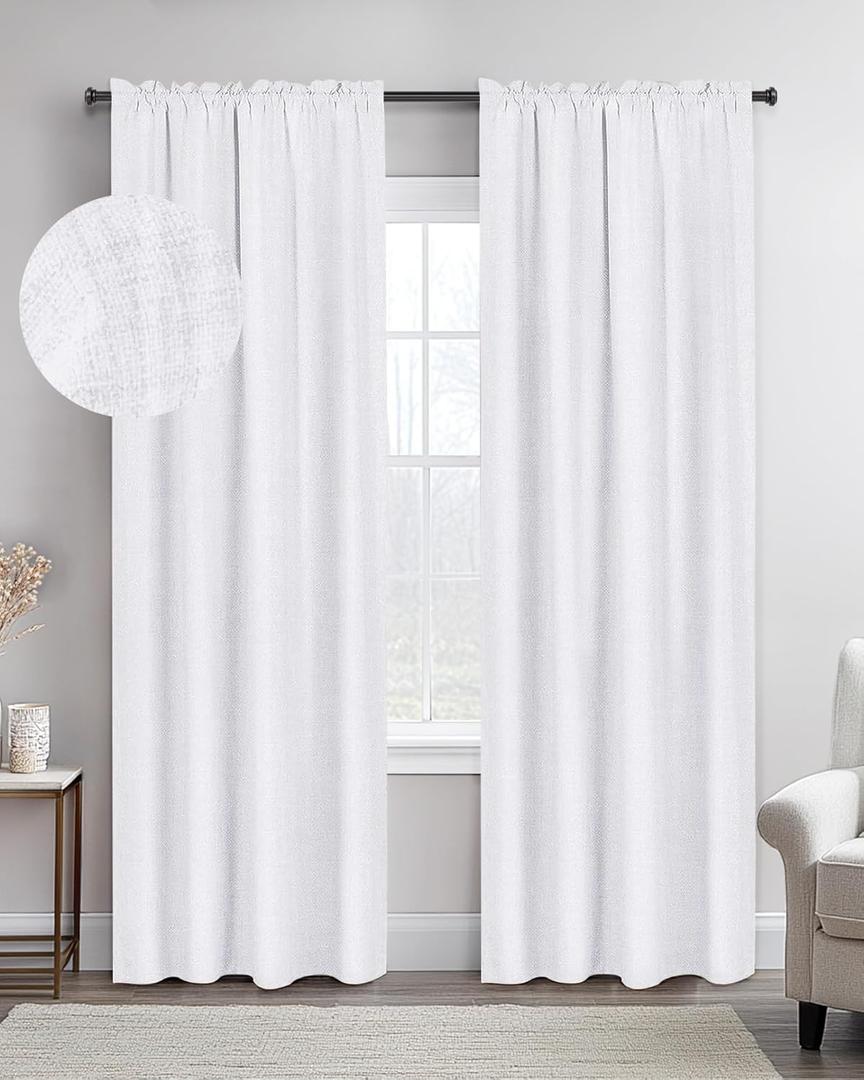 100% Blackout Shield Linen Blackout Curtains 108 Inches Long 2 Panels Set, Black Out Curtains for Bedroom, Thermal Insulated Rod Pocket Window Drapes Living Room, 50W X 108L, Bright White