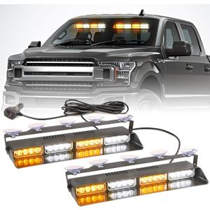 2 in 1 LED Emergency Dash Strobe Light Bar Front/Rear Windshield Safety Flashing Warning Hazard Interior Lights for Police Firefighter Construction Vehicles Trucks (2x14 inch, Amber/White)
