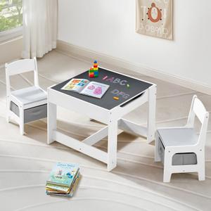 Kids Table and Chairs Set, 4 in 1 Wooden Kids Table with Reversible Tabletop, Children Activity Table with Removable Tabletop Storage, Toddler Table and Chair Set for Home, Nursery, Playroom (Grey)