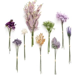 Ling's Moment Artificial Greenery Stems Box Set, 42pcs with 9 Kinds of Faux Greenery Picks for DIY Bridal Bouquets Wedding Floral Arrangement Table Centerpieces, Lavender & Golden
