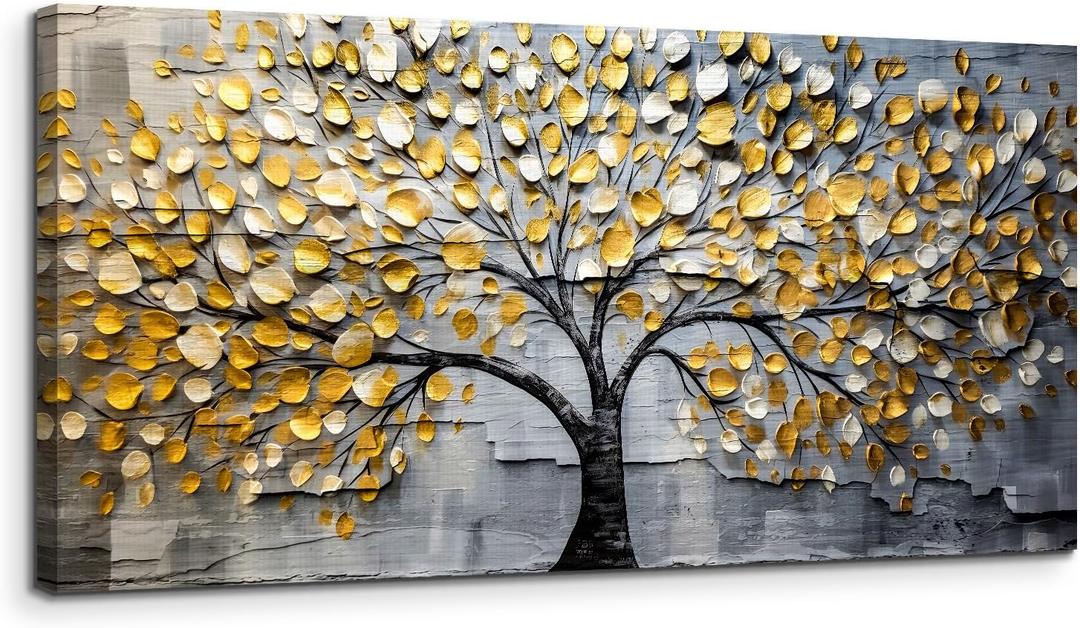 crmotu Tree of Life Large Wall Art for Living Room, Golden Tree Neutral Abstract Canvas Painting Art Prints, Nature Plant Modern Pictures Wall Decor for Bedroom Bathroom Dining Room Office 24"X48"