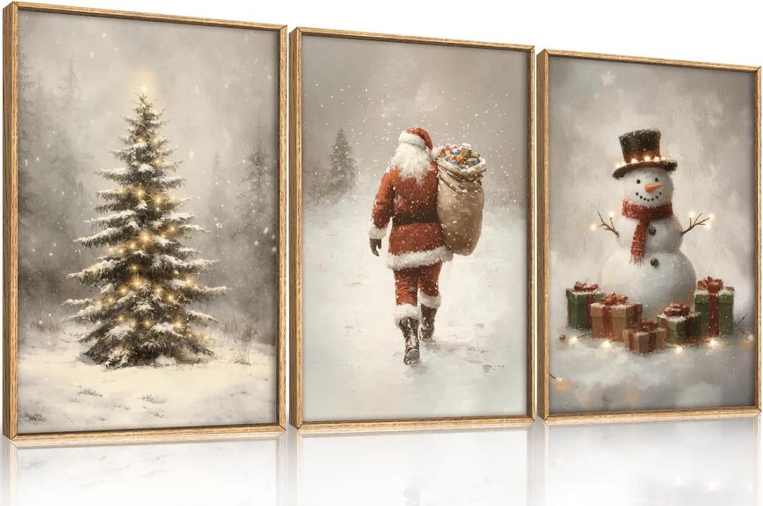 Large Snowy Santa Claus with Gift Sack Framed Canvas Wall Art Set,Lighted Snowman with Presents Wall Decor,Illuminating Christmas Tree Artwork for Living Room,Bedroom,Office-24 x36 x3