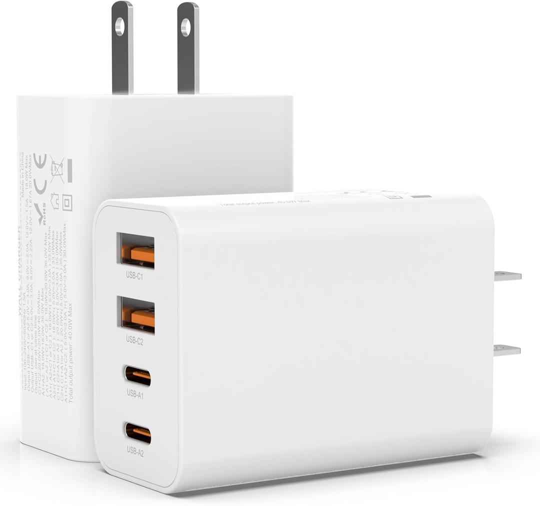 2Pack USB C Charger Block, 40W Fast USB C Wall Charger 4-Port PD Power Adapter + QC Wall Plug Multiport Type C Charging Block Cube for iPhone 16 15 14 Pro Max XR XS 8 7, iPad, Galaxy, Tablet - White