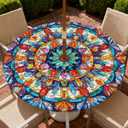 Outdoor Tablecloth with Umbrella Hole and Zipper Waterproof Round Fitted Tablecloth with Elastic Edge, Wipeable Outdoor Table Cover for Patio, Garden, Picnic Fits 32-36" Round Tables
