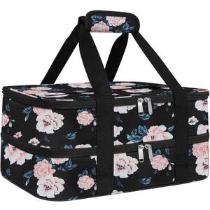 esouler Double Insulated Casserole Carrier Bag Hot & Cold Food Carrier Bag Lasagna Holder Lunch Bag for Picnics, Parties, Travel, Fits 9 x 13 Inches Casserole Dish-Flower