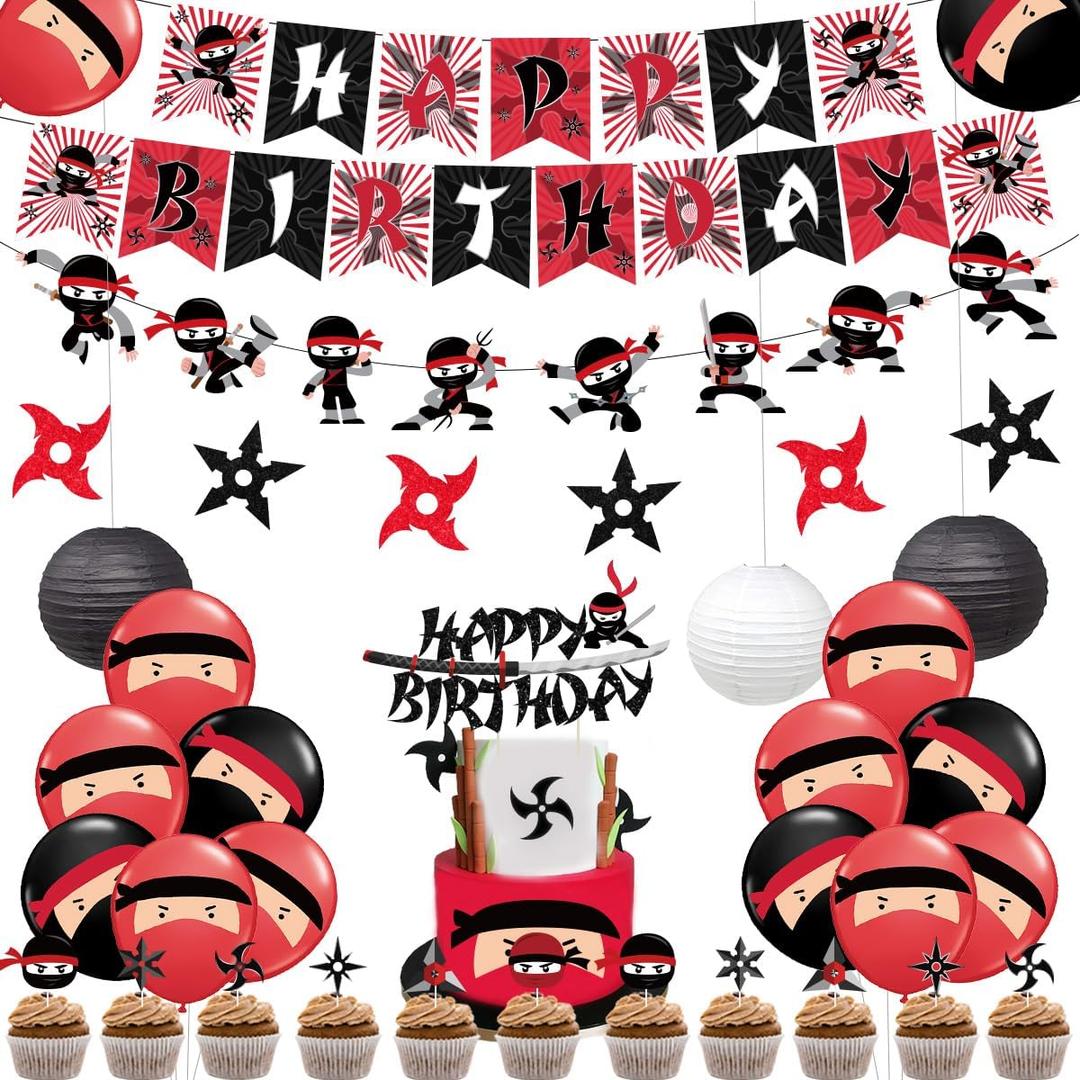 Ninja Birthday Party Decoration Red and Black Warrior Themed Party Supplies for Boys with Ninja Happy Birthday Banner Cake Topper Sticker and Paper Lanterns