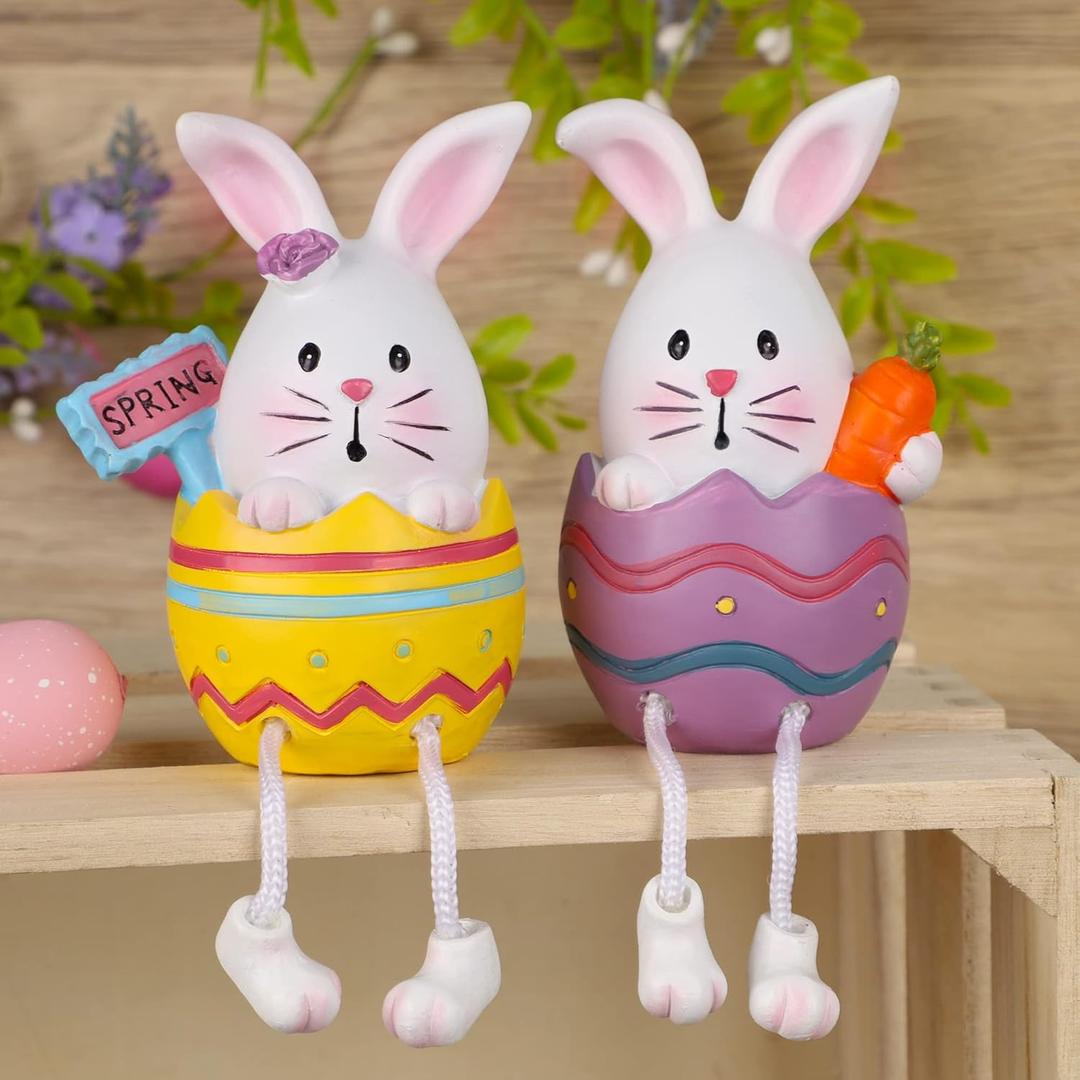 Lulu Home Easter Bunny Figurines, 2 Pack Resin Easter Egg Bunny Shelf Sitters with Dangling Legs, Modern Statue Easter Sculpture for Tabletop Centerpieces Window Sill Decorations