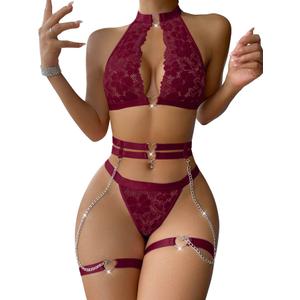 Sexy Halter Heart Ring Cutout Chain Floral Lace Sheer Garter Belt Lingerie Set 3 Piece Medium