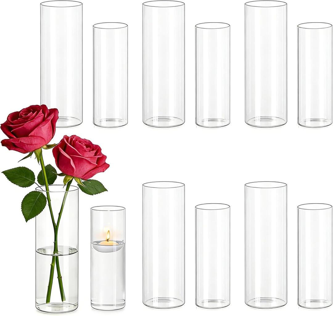 Hewory Glass Cylinder Vases for Centerpieces: 7“+6" Tall 12Pcs Clear Small Bud Vases for Flowers Wedding Party Table Decoration - Skinny Hurricane Candle Holders for Floating Candles