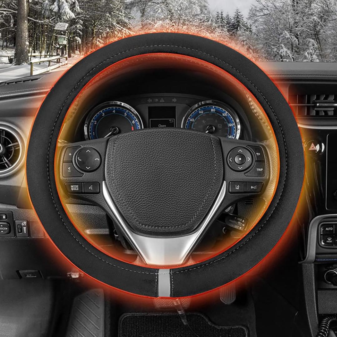 Heated Steering Wheel Cover - 2026 New Cord Steering Wheel Heater Suede Cover, USB Rechargeable Heated Steering Wheel Cover, Fits Wheels 14.5-15.5" for Car Truck Van SUV (Black)