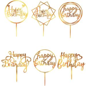 Happy Birthday Cake Toppers Gold, 18 Pcs Gold Happy Birthday Cake Topper, Acrylic Cake Decoration, Double-Sided Glitter of Birthday Cake Topper for Children or Adults (Word)