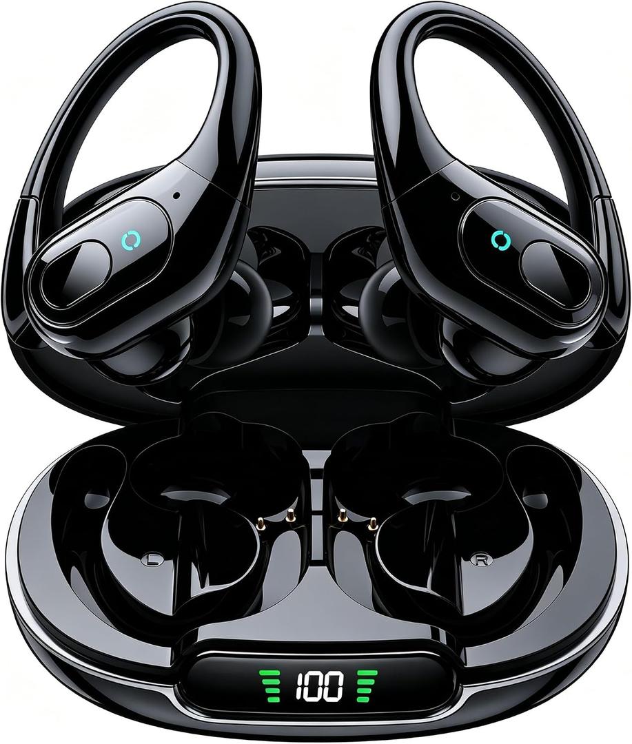 occiam Active Noise Cancelling Earbuds Wireless Bluetooth Headphones | Ear Buds 90Hrs Playback Stereo Bass Earphones with Mic Over-Ear Hooks IPX7 Waterproof Headset for Sports Running Matte Black
