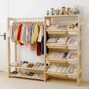 Amdermi Montessori Kids Wardrobe and Toy Storage Organizer with Bins, Wooden Toddler Dress Up Clothes Rack, Open Closet with Shoe Shelves for Childrens Bedroom and Playroom, Natural Wood, 55" x 15" x 51"