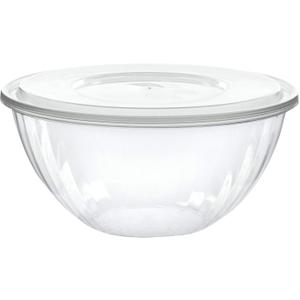 PLASTICPRO Disposable Round Crystal Clear Serving Bowls With Lids - Party Snack or Salad Bowl, Plastic Chip Bowl, Candy Dish (2, 96 OUNCE)