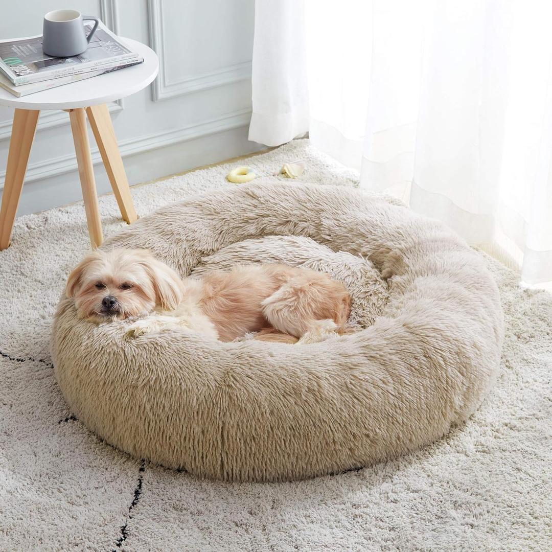 Calming Dog Bed & Cat Bed, Anti-Anxiety Donut Dog Cuddler Bed, Warming Cozy Soft Dog Round Bed, Fluffy Faux Fur Plush Dog Cat Cushion Bed for Small Medium Dogs and Cats (20"/24"/27"/30") (Brown)