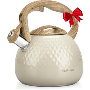 Hauce Radio Tea Kettle Stovetop Teapot, 2.5 Quart Loud Whistle Food Grade Stainless Steel and Smooth Wood Pattern Handle, Sophisticated Look for Hiking, Picnic, for Tea, Coffee Milky White