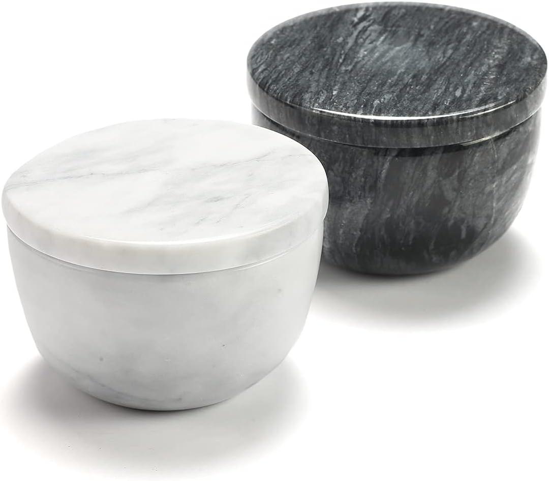 jalz jalz Marble Salt and Pepper Box Set with Spoons and Lid, Salt Cellar Salt Keeper Container, Black and White, Large Capacity 10 Ounce Bowl, 4 inch Diameter, 2.8 inch Height