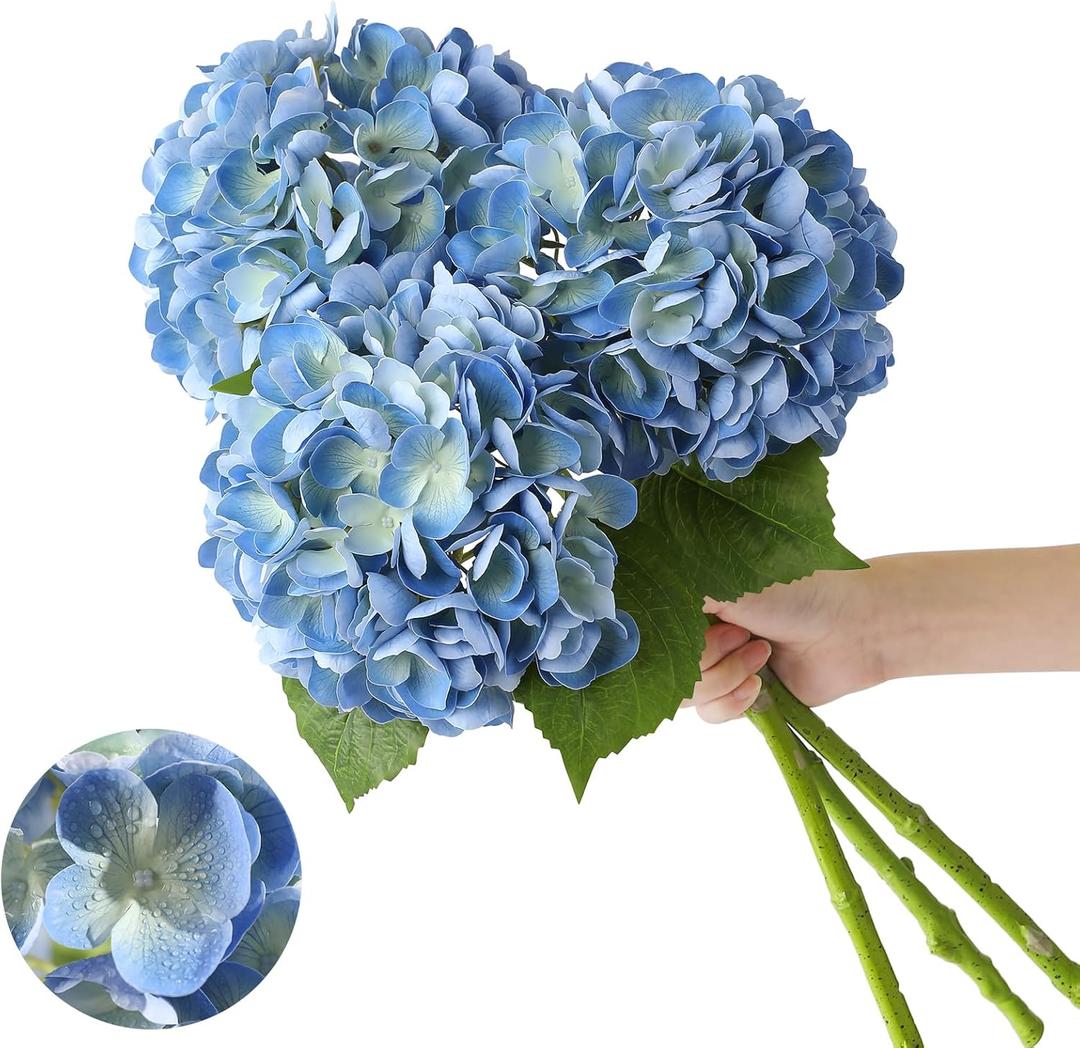 3 Pcs Real Touch Hydrangea Artificial Flowers 22.5" Lifelike Latex Blue Hydrangeas Fake Hydrangeas for Home Decor Party Wedding Bouquets Table Centerpieces Floral Arrangements Indoor Outdoor Decor