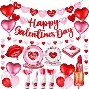 133 Pcs Happy Galentine's Day Decorations Tableware with Heart Banner Heart Lip Lipstick Foil Latex Balloons and Plates, Napkins, and Cups Dinnerware Sets for Galentine's Day Party Supplies