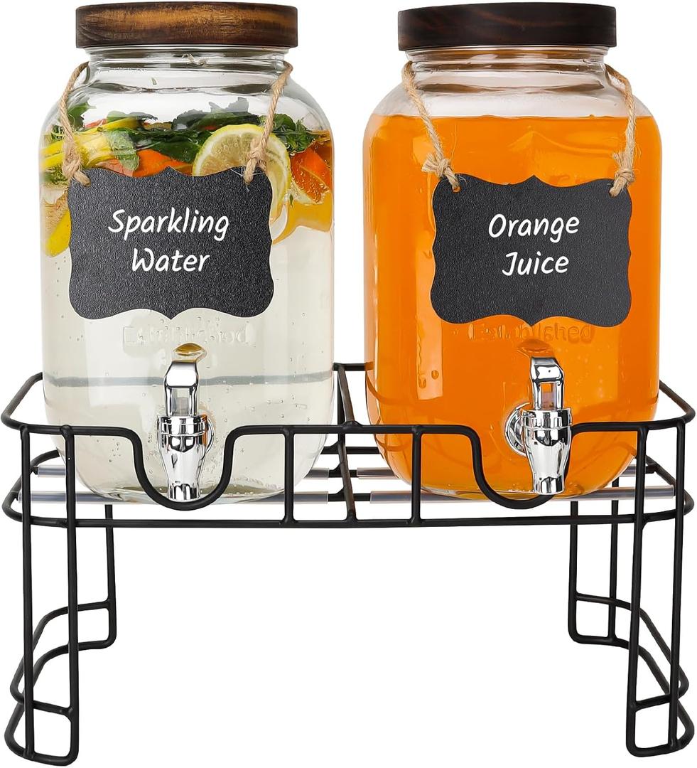 1 Gallon Glass Drink Dispensers with Wood Lid, 2 Pack Clear Beverage Dispenser with Stand and Spigot for Parties, Lemonade Dispenser with Markers and Chalkboard for BBQ, Picnic