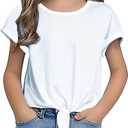 Girls Crop Top Trendy Summer Tees Casual Short Sleeve Cute Blouse White T Shirts for Kids 6-15 Years (White)