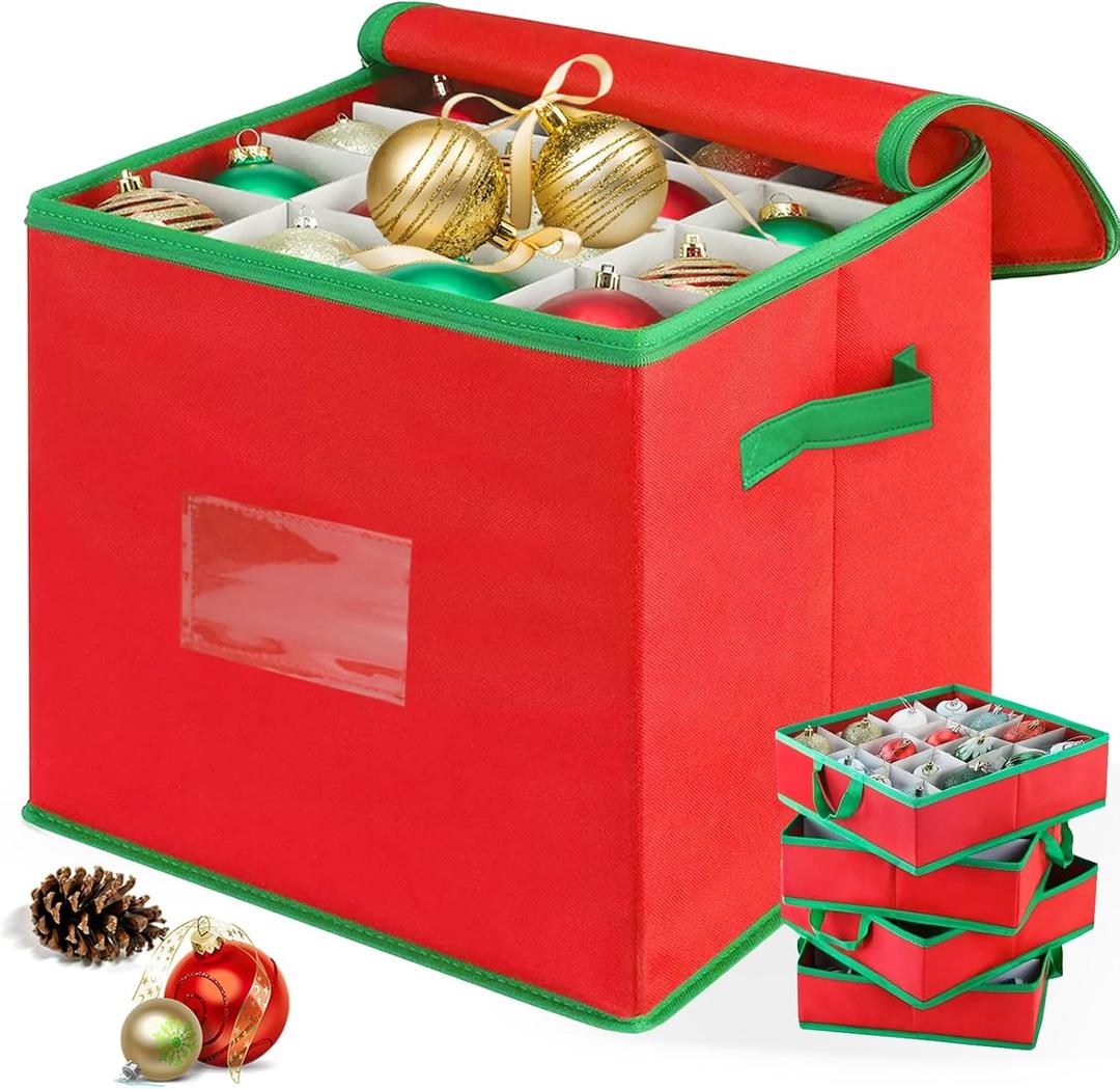 Christmas Ornament Storage Box, Xmas Storage Container Up To 64 Ornaments Decoration Balls With 4 Separate Removable Trays,Red Oxford Canvas Holiday Storage Case With Lid For for Xmas Storage