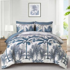 WONGS BEDDING Comforter Set Queen Size, 7 Pieces Dark Blue Botanical Bed in a Bag, Soft Microfiber Tropical Palm Tree Bedding Set with Comforter, Flat Sheet, Fitted Sheet, Pillow Shams, Pillowcases