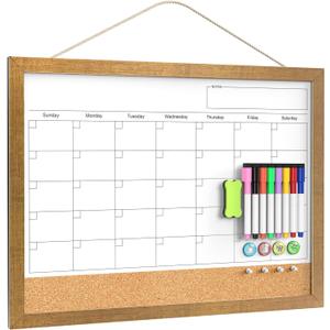 Calendar Whiteboard for Wall, 18x24 Inches White Board Calendar Dry Erase, Magnetic Monthly White Board with Gold Wood Frame, Hanging Dry Erase Board for Kitchen Home Office School Planner