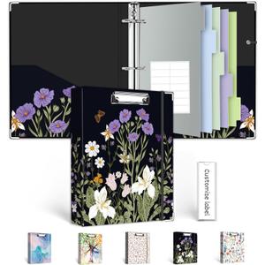 Mini Binder 3 Ring 1 Inch for 5.5"x8.5" Paper, Cute Small Three Ring Binders with Clipboard, 5-Tab Dividers, Spine ID Label Holder, BVSSX A5 Binder with Pen Holder, Black Weeds