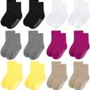 12 Pack Baby & Toddler Cotton Crew Socks - Non-Slip Grip, Unisex, 2-4T (Black/White/Gray/Magenta/Yellow/Khaki)