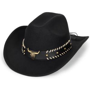 Western-Cowboy-Hats for Women Men - Classic Wide Brim Felt Fedora Unisex Upturn Bull Head Cowgirl Caps with Buckle Belt (Black)