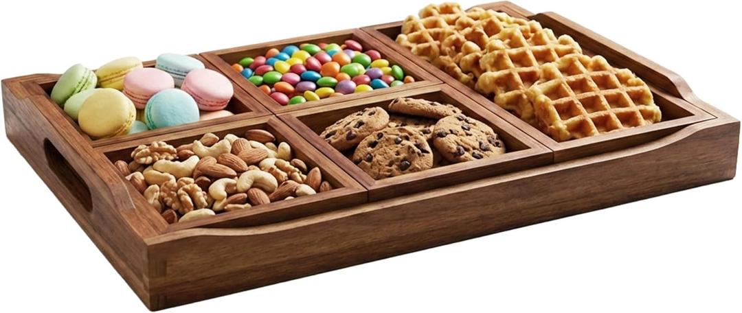 Serving Tray with 5 Removable Snack Boxes,Acacia Wood Snack Tray for Parties and Entertaining, Movie Night, Coffee Table and Charcuterie Serving