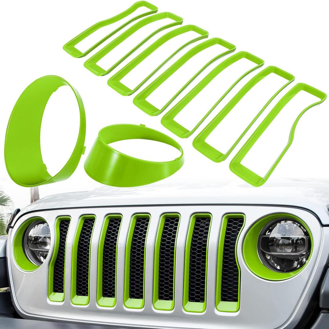 Front Grille Mesh Inserts & Headlight Cover for Jeep Wrangler JL JLU Sport & Sport S Only 2018-2023 Exterior Accessories Clip-in Grille Guard Cover Headlight Bezels Trim Ring (Green 9PCS)