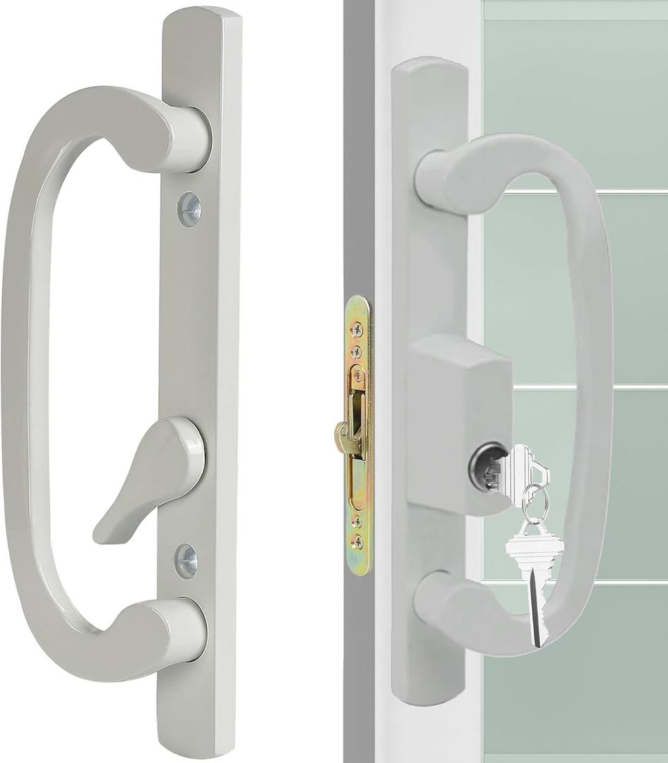 ACEPLANET Offset Position Keyed Sliding Patio Door Handleset with Mortise Lock, 45 Keyway, 3-15/16" H.C., Fits 1-3/8" to 2" Thick Doors, Non-Handed, White Diecast