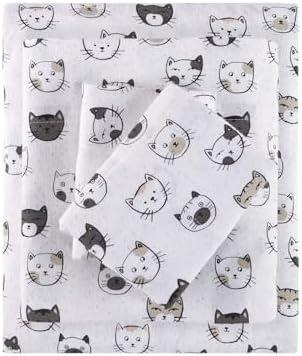 Intelligent Design Cozy Soft 100% Cotton Flannel Print Animals Stars Cute Warm, Ultra Soft Cold Weather Sheet Set Bedding, Twin, Grey/Pink Cats 3 Piece