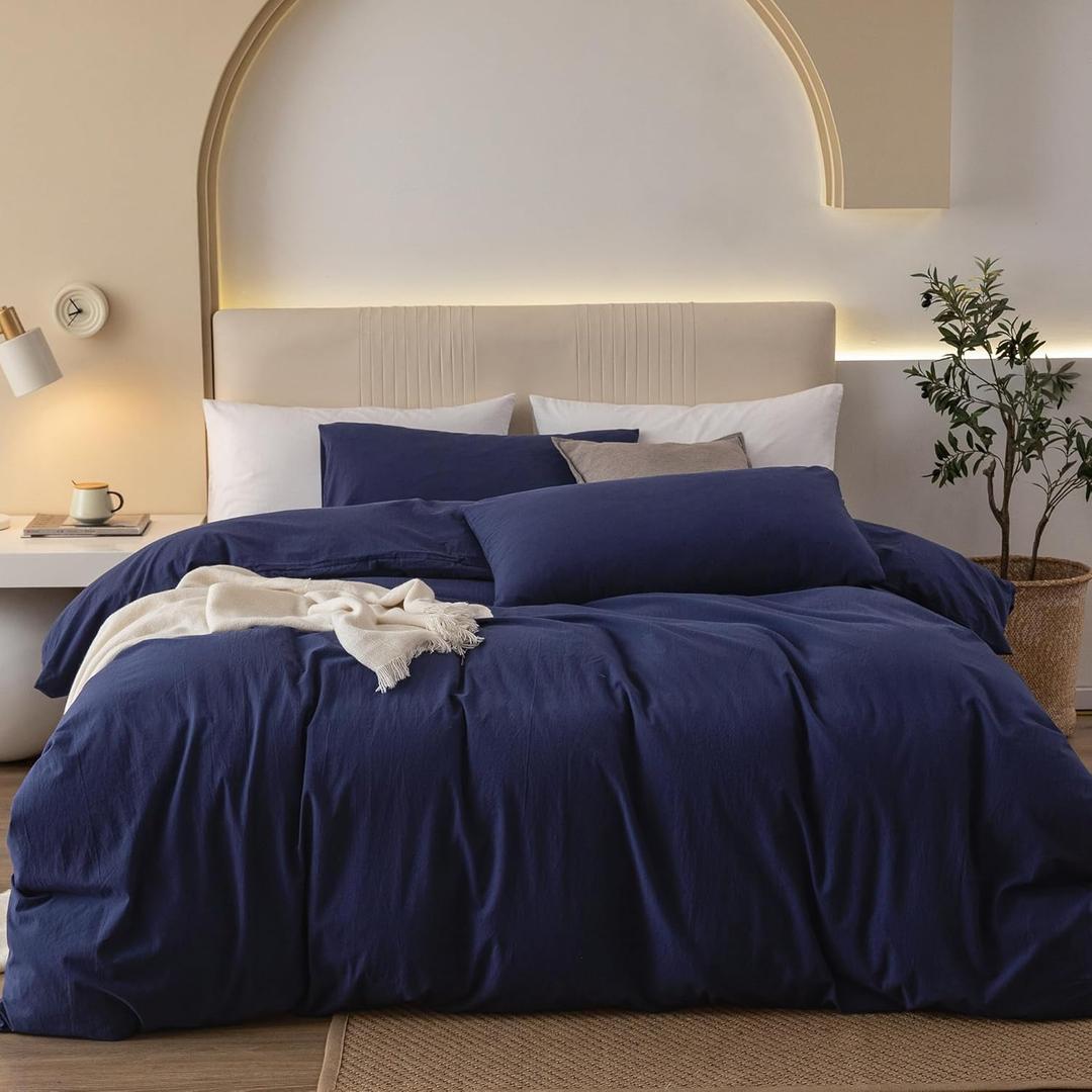 JIYUAN King Size Duvet Cover Set, 3-Piece - 100% Washed Cotton, Linen-Like Soft & Breathable with Zipper Closure, Includes 104x90 Inch Cover & 2 Pillowcases, Solid Navy Blue