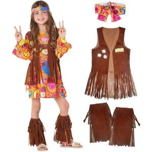 Morph Girls Hippie Costume 70s Fancy Dress for Kids Halloween Costume, Retro Hippie Outfit for Girls Size M