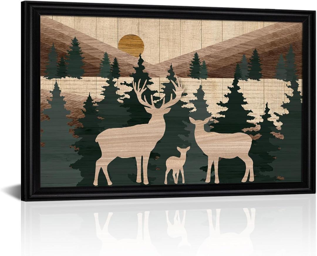 Visual Art Decor Deer Wall Art Cabin Wall Decor Minimalist Mountain Painting, Black Frame 16x12inch Rustic Farmhouse Living Room Bedroom Office Decoration